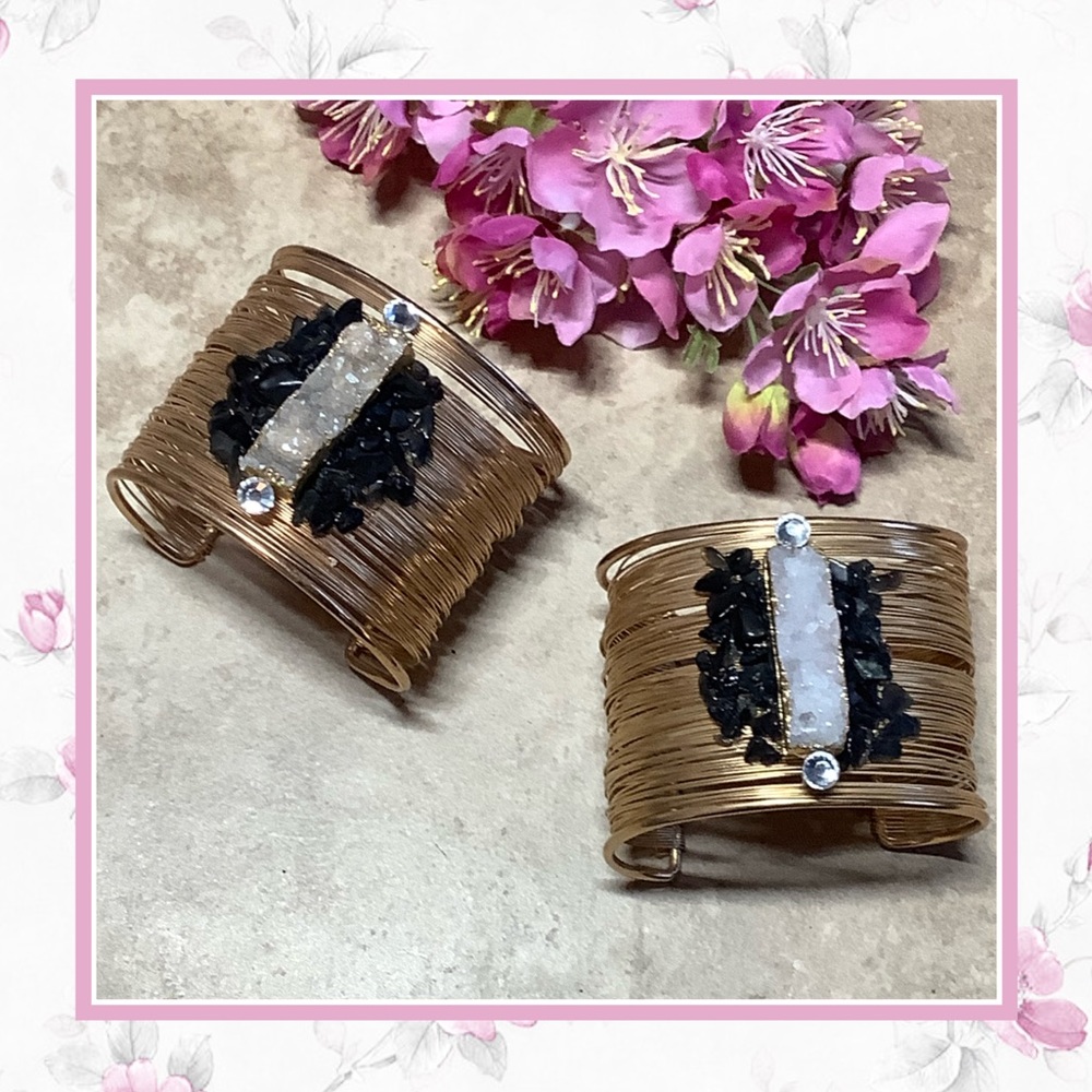 🌸 2PC BRACELET GOLD SET DRUZY BLING ONYX BUNDLE CUFF BOHEMIAN DIAMOND BOHO CHIC